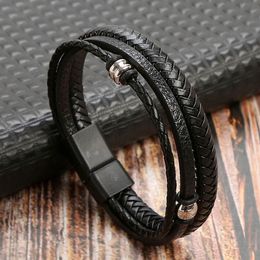 Braided Stainless Steel Pu Leather Bracelet Magnet Buckle 3 Layers Bracelet for Men fashioin jewelry