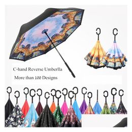 Outdoor Gadgets 100 Designs New C-Hand Inverted Umbrellas Windproof Reverse Double Layer Umbrella Inside Out Self Stand In Drop Delive Otxta