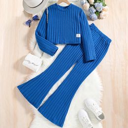 Spring Autumn Girls Clothing Set Solid Color Pit Strip Long Sleeve SweatshirtWide Leg Pants 2Pcs For 8-12Y Teenagers Girls Suit 240403