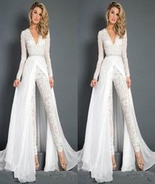 White Jumpsuits Prom Dresses Beaded Lace Deep V Neck Overskirts Formal Evening Party Gowns Cheap Long Sleeve Beach Special Occasio3907472