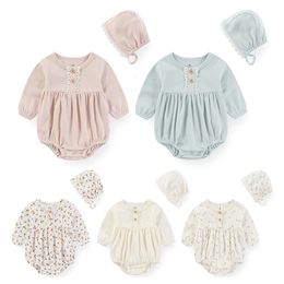 Baby Girls Clothes Sets Long Sleeve Lace Cotton Bodysuit Hat born Girl Jumpsuit Print 624Months Solid Colour Bebes 240307