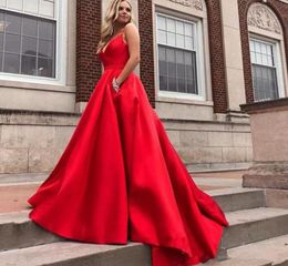 Elegant Satin 2019 Prom Dresses With Pocket Red Ball Gown VNeck Sleeveless Party Gowns Backless Cheap Formal Evening Gowns Vestid8382926