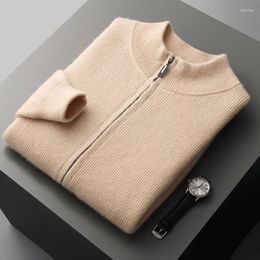 Men's Sweaters Autumn And Winter Pure Wool Cardigan Stand Collar Zipper Knitted Sweater Solid Colour Leisure Padded Coat.