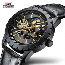 TEVISE Luxury Men Watch Automatic Mechanical Watch Leather Strap Moon Phase Tourbillon Luminous Wristwatch Relogio Masculino219a