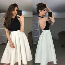 Stylish Black White Homecoming Dresses Sexy Halter Neck Open Backless Knee Length Party Dresses Custom Made A-Line Short Prom Dres240B