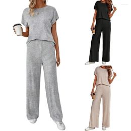 Women's Two Piece Pants Women Knitted Top & Wide Leg O-Neck Short Sleeve Set Pullover Solid Colour Ladies Casual Outfits
