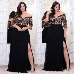 Abiti da ballo taglie forti in pizzo nero con mezze maniche al largo della spalla scollo a V abiti da sera spaccati laterali Abito formale in chiffon a trapezio299i