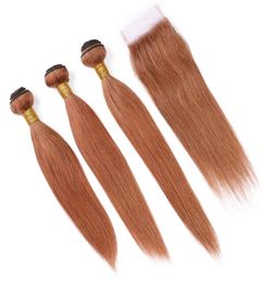 30 Medium Auburn Human Hair Lace Closure with Bundles Brazilian Straight Auburn Colour Weaves Virgin Hair Extensions with Closure 3925478