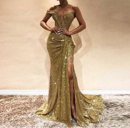 Stunning Gold Mermaid Prom Dress Leg Split Women Evening Party Wear maxi Gowns Custom Made Sequins Sexual Lady Graduation Prom Dre6178184