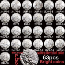 63pcs USA Full Set Walking Liberty Coins Bright Silver Silver plated copper copy coin208P