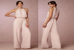 2019 Sexy Pearl Pink Chiffon Pant Suit Bridesmaid Dresses Long Cheap Halter Floor Length Maid Of Honor Plus Size Gowns8368328