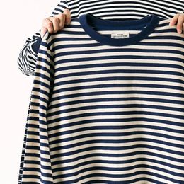 Amekaji Mens Classic Blue and White Horizontal Stripes American Retro Sports T-Shirt Long-Sleeved Spring And Autumn 240309