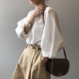 Women's Blouses Elegant Women Shirts Loose Lantern Sleeve Korean Office Ladies Button Up Fashion Round Neck Tops