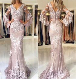 Cheap Mermaid Long Sleeves Evening Dress 2019 Applque Red Carpet Holiday Women Wear Formal Party Prom Gown Custom Made Plus Size4931278