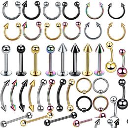 Nose Rings & Studs 4Pcs/Set Stainless Steel Body Piercing Set Women Men Ear Eyebrow Lip Nose Tongue Belly Mixed Jewellery Drop Delivery Dhbmg