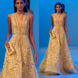 2019 Elie Saab Yellow Prom Dresess Deep V Neck A Line Sleeveless Bling Beads Evening Dress 3D Floral Appliques Lace Formal Party W6087761