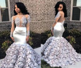 Charming Silver 2020 Prom Dresses 3D Flowers Mermaid Illusion Long Sleeves Lace Appliques South African Party Evening Dresses5352449