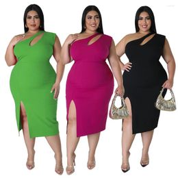 Casual Dresses Plus Size Clothing 4XL Summer One Shoulder Sleeveless Hollow Out Split Side Solid Sexy Women Party Bodycon