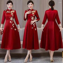 Casual Dresses Acetic Acid Wedding Mom Dress Noble And Elegant Embroidery Banquet Long Sleeved Qipao 2024 Spring Women's Evening Z4759