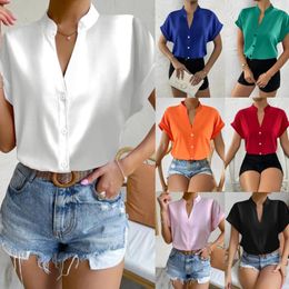 Women's Blouses 2024 Summer V-neck Shirt White Casual Short Sleeve Button Cardigan Loose Tops