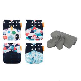 HappyFlute 4Pcs Diapers4Pcs Bamboo Charcoal Inserts Adjustable Size 3-15KG Washable Reusable Cloth Nappy For Baby Girls Boys 240328