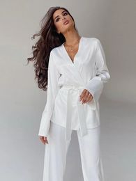 Hiloc Elegant White Trouser Suits Flare Long Sleeves Women Pajama Home Suit Loose Kimono Robe Sets Satin Pajamas With Pants 240227