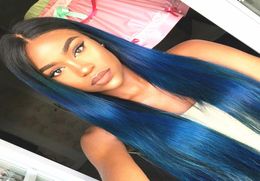Silky Straight Ombre Full Lace Wigs Glueless Two Tone 1bTBlue Lace Front Human Hair Wigs For Women With Natural Hairline Blue Hair3368242