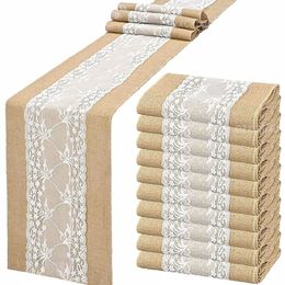 Free by UPS 10Pcs 30x275cm Jute Table Runner Burlap Lace Rustic Hessian For Wedding Craft Party Decorations 240307