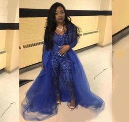 Royal Blue Jumpsuit Prom Dresses With Overskirts V Neck Long Sleeve Sequined Evening Gowns Plus Size African Pageant Pants5794182