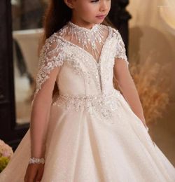 Girl Dresses Shining Flower Dress For Wedding Lace Puffy Sequins Beading Full Sleeve Kids Birthday Party First Communion Gowns