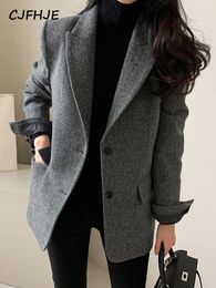 Women's Suits CJFHJE Grey Wool Blazer Women Autumn Winter Single-Breasted Pockets Office Wear Notched Collar Thick Blazers Elegant Lady
