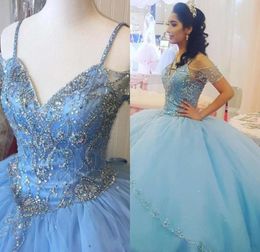 Baby Blue Ball Gowns Prom Quinceanera Dresses 2019 Off The Shoulder Laceup Beading Crystal Tiered Tulle Sweet 15 Dress vestido de4645944