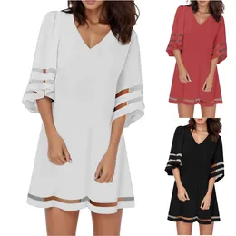 Casual Dresses Summer Dress Sexy Fashion Women Mesh Patchwork 3/4 Bell Sleeve Loose A-line V Nexk Tunic Vestidos Robe