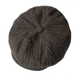 Berets Sboy Caps Vintage Octagonal Cap Stripe Flat Black Grey Mens Women Hats Woollen Casual BTM07