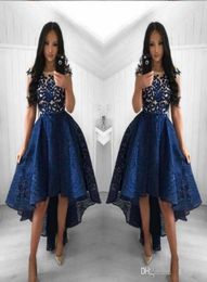 2019 New Navy Blue Cocktail Dresses A Line Crew Neck Lace High Low Prom Dress Short Party Arabic Evening Gowns Vestidos4590806