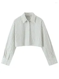 Women's Blouses ZADATA Summer Vintage Stripe Cropped Shirt Button Poplin Long Sleeve Top