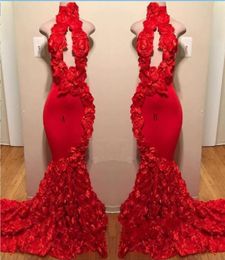 Red Rose Mermaid Prom Dresses New Sexy High Neck Appliques Formal Evening Dresses Sweep Train Cocktail Party Gowns 9678315