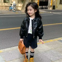 Baby Girls PU Coat Spring and Autumn Kids Boys Fashionable Jacket Childrens Motorcycle Leather Coat 240329