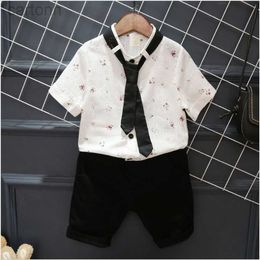 Clothing Sets Gentleman Style Boys Summer Clothing Sets Boy Short Sleeve Shirt With Tie+Shorts Set Kids Casual Outfits Children Suit ldd240311