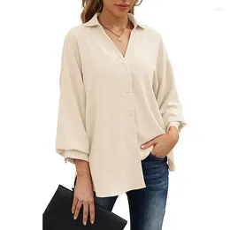 Women's Blouses Spring 2024 V-neck Solid Color Chiffon Seven Point Lantern Sleeve Button Up Shirt For Women Fashion Casual