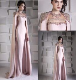 2022 Arabic Dubai Mermaid Pink Prom Dresses for Women Jewel Neck Crystal Beaded With Cape Wraps Floor Length Evening Dress Wear Pa3255040