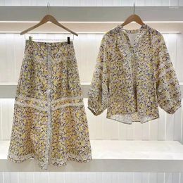 Women's Blouses 2024 Spring Floral Ebroidery Suit Women V-Neck Puff Sleeve Shirt Or A-Line Skirt For Pastoral Style