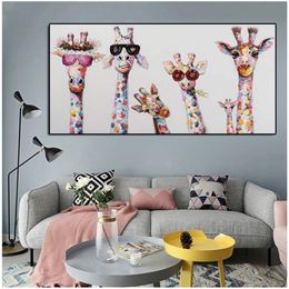 Colorful art animal giraffe family wearing glasses painting canvas picture canvas print mural bedroom239f