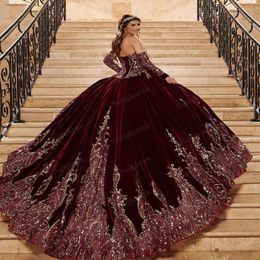 Burgendy 2021 Ballkleid Quinceanera Kleider Brautkleider Schatz Langarm Süße 15 16 Kleid vestidos de xv a os anos224Q