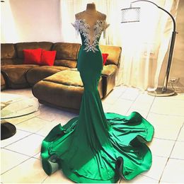 Yeşil denizkızı gece elbiseleri şeffaf boynu omuzdan kapalı boya elbise kristal teassel kadınlar abendkleider vestido de novia