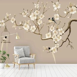 Po Self Adhesive Wallpaper Chinese Style Hand-painted Flower Bird Figure Magnolia Murals Living Room Study Decor Wall Wallpapers317d