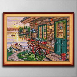 Riverside hut Handmade Cross Stitch Craft Tools Embroidery Needlework sets counted print on canvas DMC 14CT 11CT Home decor painti307A