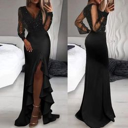 Elegant Black Mesh Sequin Long Dress Womens Deep V Neck Wrap Hip Split High Waist Female Irregular Ruffles Evening Party Dress240311