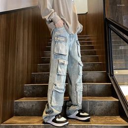 Jeans da uomo Harajuku Muti-tasche cargo lavato patchwork pantaloni casual dritti coppia streetwear pantaloni larghi alla moda