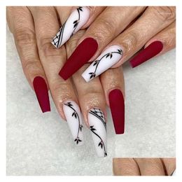 False Nails 24Pcs Long Coffin Press On Ballerina Red White Matte Nail Acrylic Fl Er Black Leaves With Tools Drop Delivery Health Beaut Otqkm